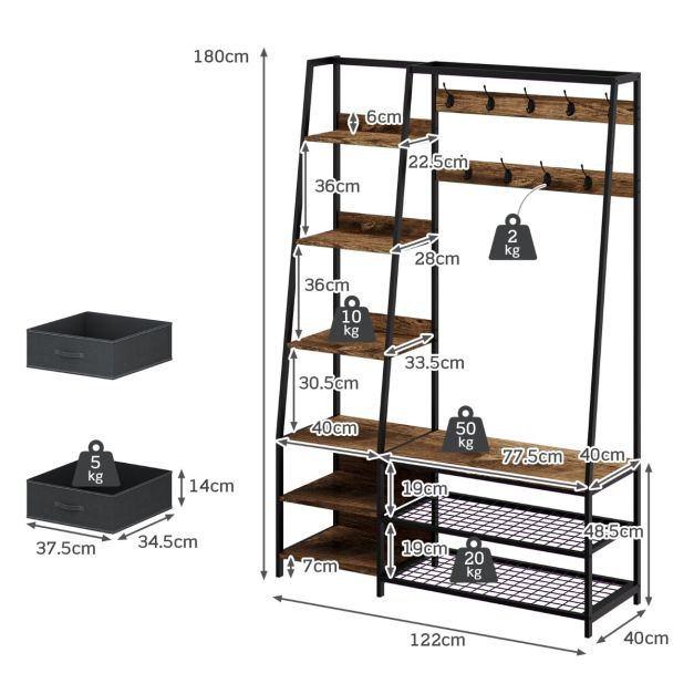 Coast industriële garderobe met schoenbank voor de ingang 122x40x180 cm rustiek bruin