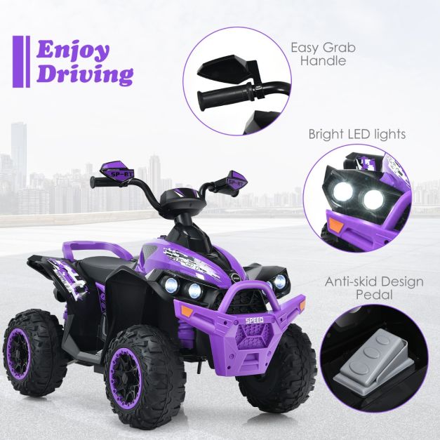 Coast 12V Elektro Kinderquad met muziekhoorn en LED -koplampen Elektroquad Purple