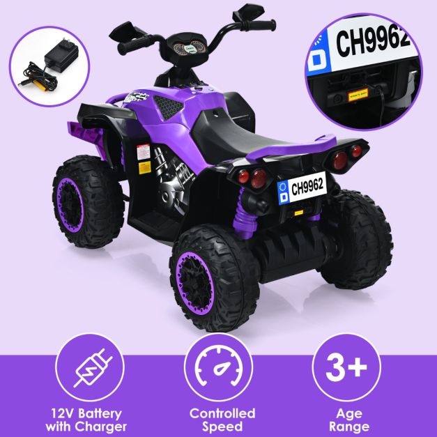 Coast 12V Elektro Kinderquad met muziekhoorn en LED -koplampen Elektroquad Purple
