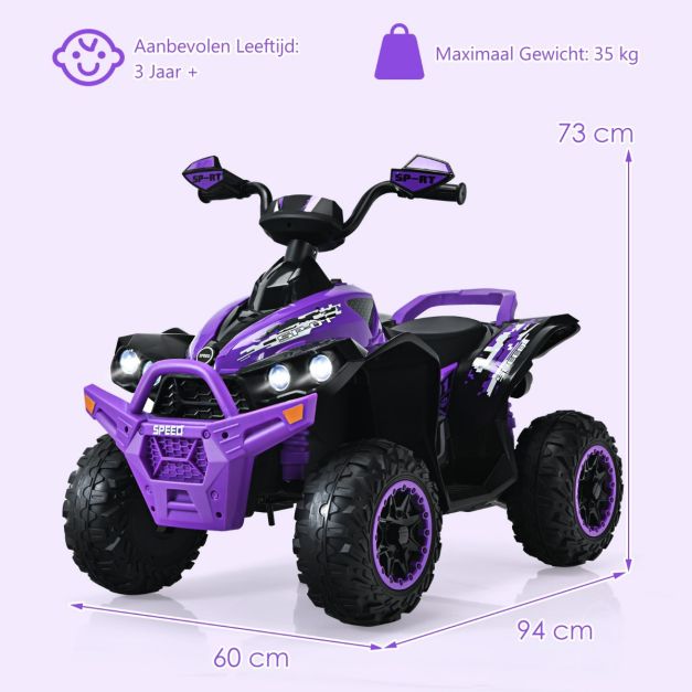 Coast 12V Elektro Kinderquad met muziekhoorn en LED -koplampen Elektroquad Purple