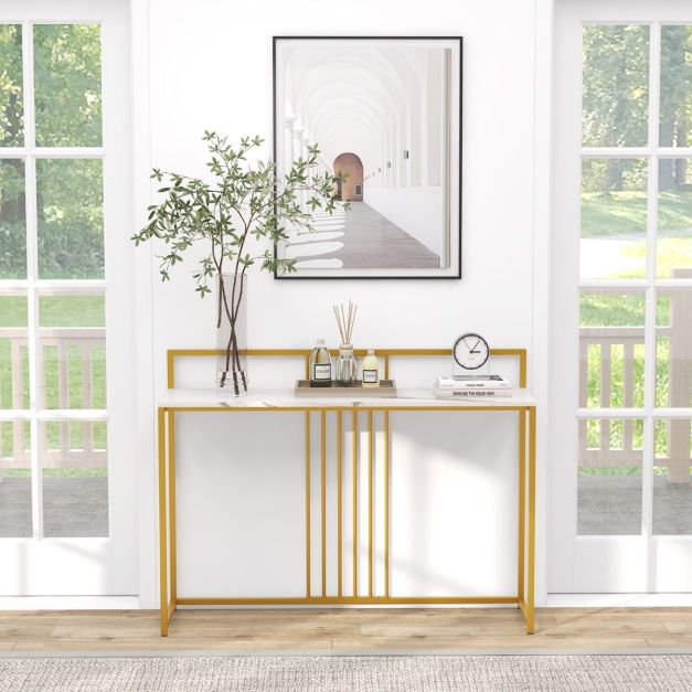 Coast Consoletafel met Imitatiemarmer Blad - Verguld Metalen Onderstel - Wit/Goud - 120 x 32 x 89 cm