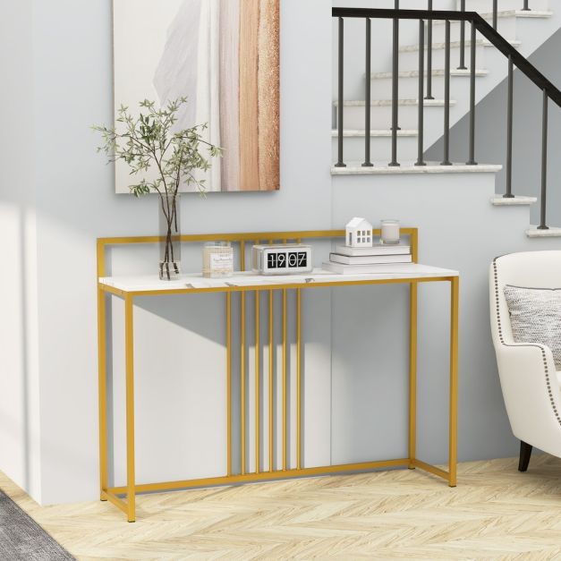 Coast Consoletafel met Imitatiemarmer Blad - Verguld Metalen Onderstel - Wit/Goud - 120 x 32 x 89 cm