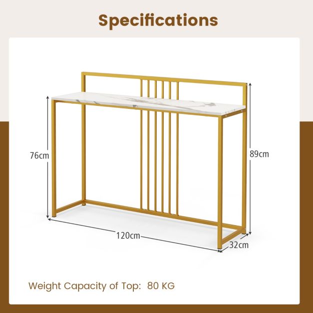 Coast Consoletafel met Imitatiemarmer Blad - Verguld Metalen Onderstel - Wit/Goud - 120 x 32 x 89 cm