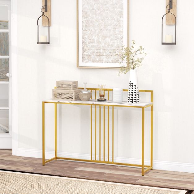 Coast Consoletafel met Imitatiemarmer Blad - Verguld Metalen Onderstel - Wit/Goud - 120 x 32 x 89 cm