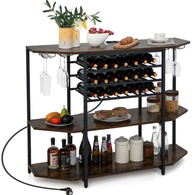 Coast Industriële Wijnbar met Oplaadstation – 21-Flessen Wijnrek, 3-Niveau Planken, 40×120×92 cm – Rustiek Bruin