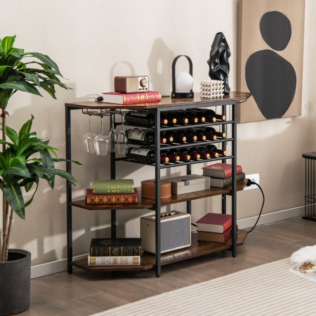 Coast Industriële Wijnbar met Oplaadstation – 21-Flessen Wijnrek, 3-Niveau Planken, 40×120×92 cm – Rustiek Bruin