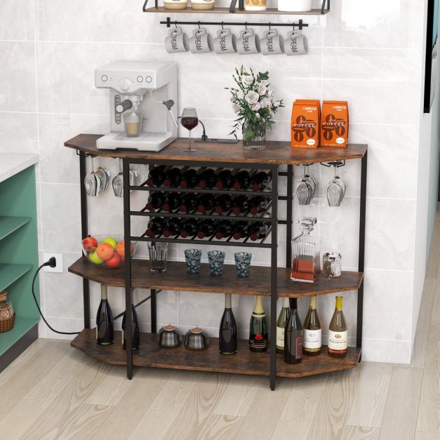 Coast Industriële Wijnbar met Oplaadstation – 21-Flessen Wijnrek, 3-Niveau Planken, 40×120×92 cm – Rustiek Bruin