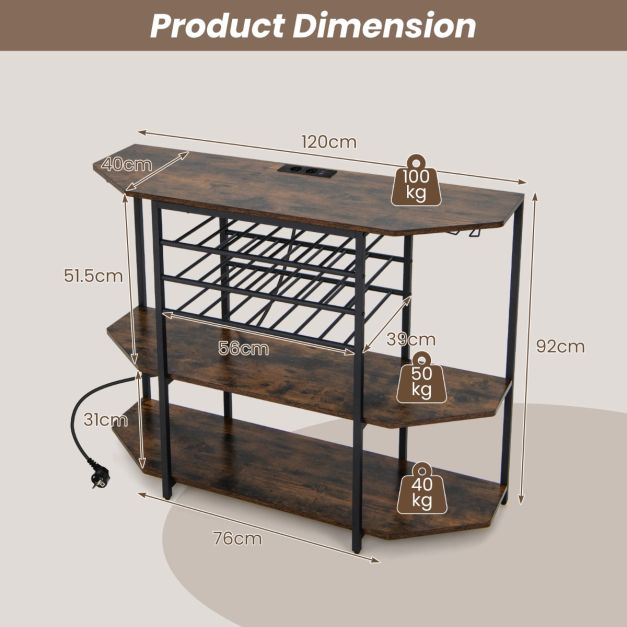 Coast Industriële Wijnbar met Oplaadstation – 21-Flessen Wijnrek, 3-Niveau Planken, 40×120×92 cm – Rustiek Bruin