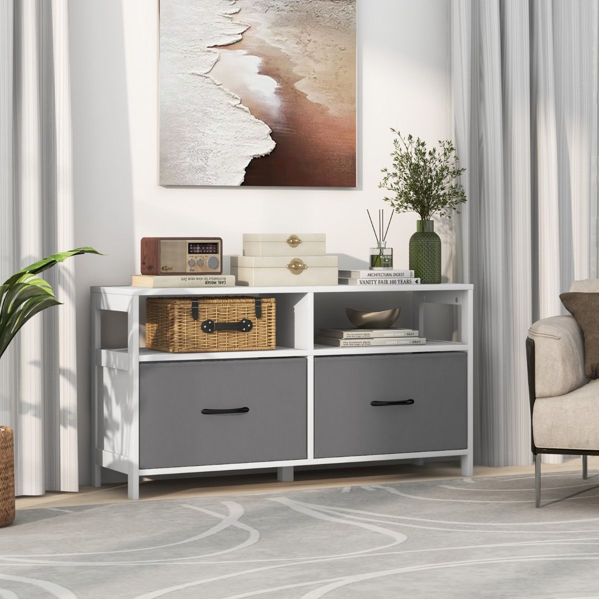 Coast Opbergkast - 2 Stoffen Laden en 2 Open Vakken - 100 x 30 x 53 cm - MDF - Wit