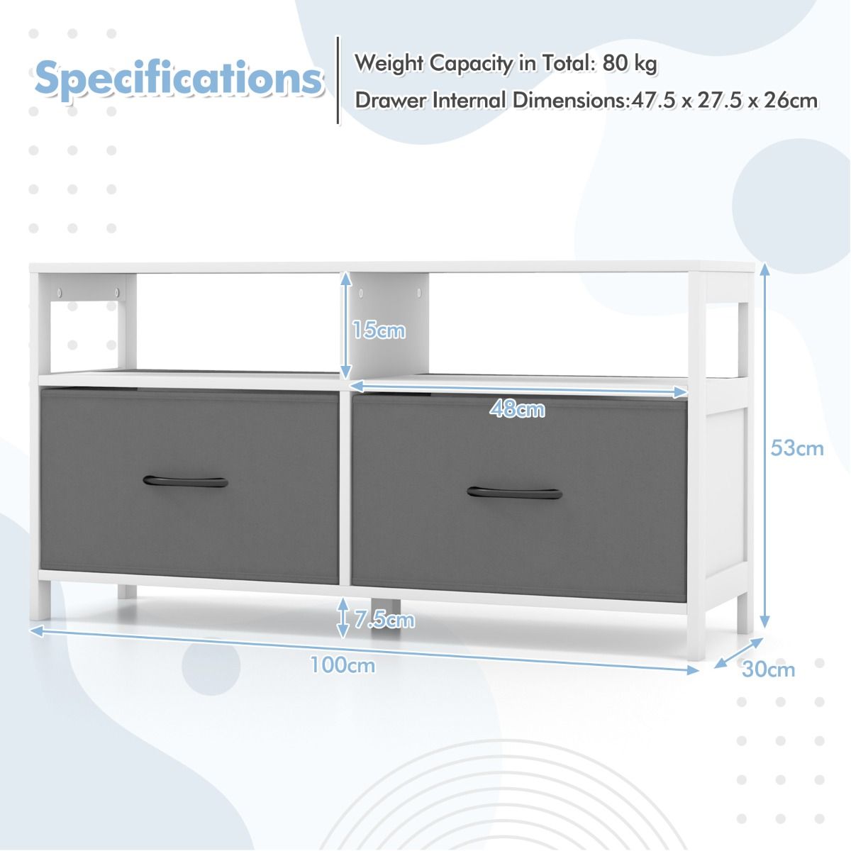 Coast Opbergkast - 2 Stoffen Laden en 2 Open Vakken - 100 x 30 x 53 cm - MDF - Wit