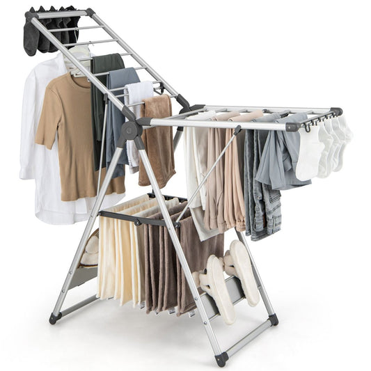 coast Opvouwbaar Aluminium Droogrek – 2 Niveau’s met 21 Droogstangen, 10 Zijklemmen & 4 Schoenenrekken – 141 × 48 × 81–131 cm – Zilvergrijs