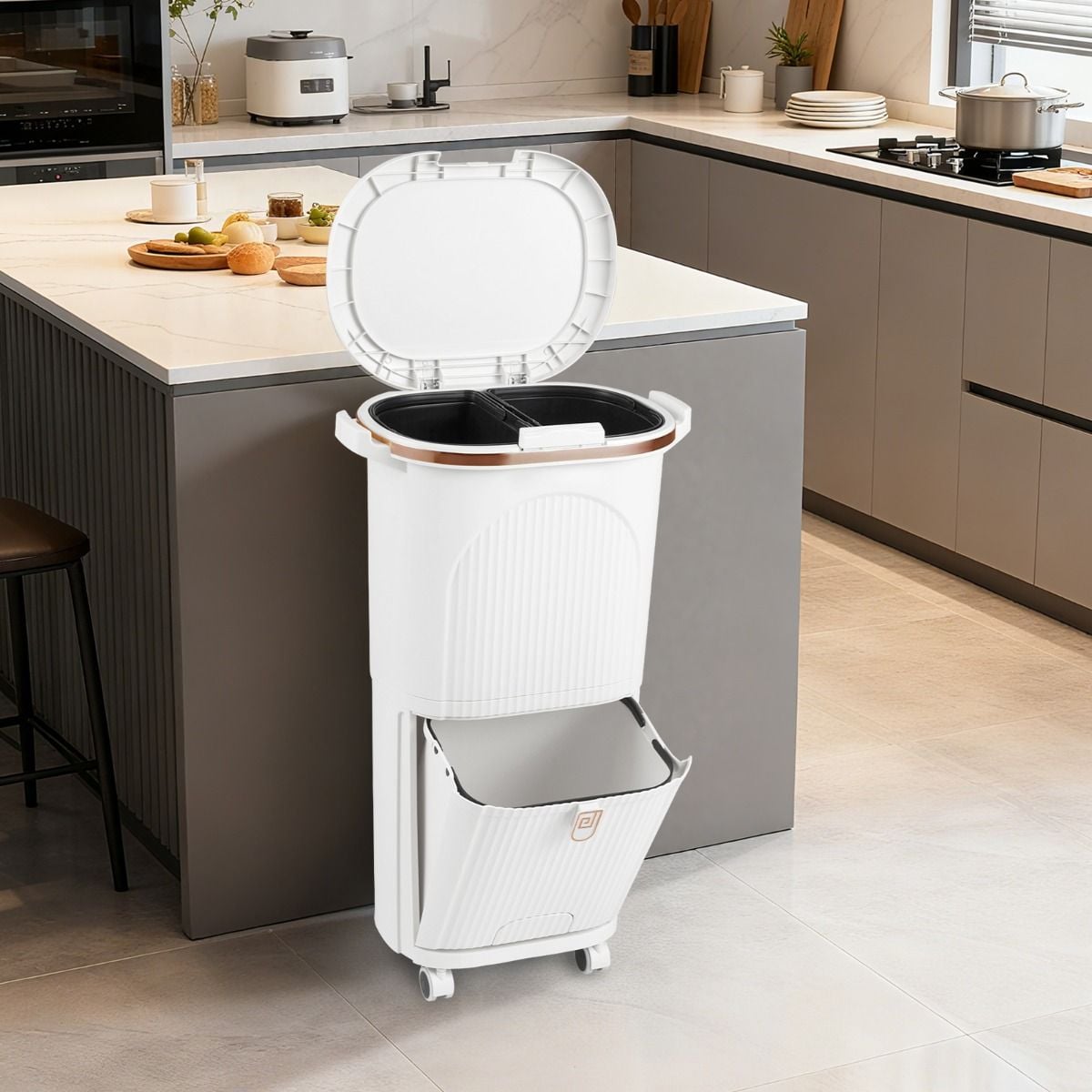 Coast Afvalbak 38L Wit – 43 x 29 x 74,5 cm – Met 2 Uitneembare Bakken, Kantelvak en Wielen