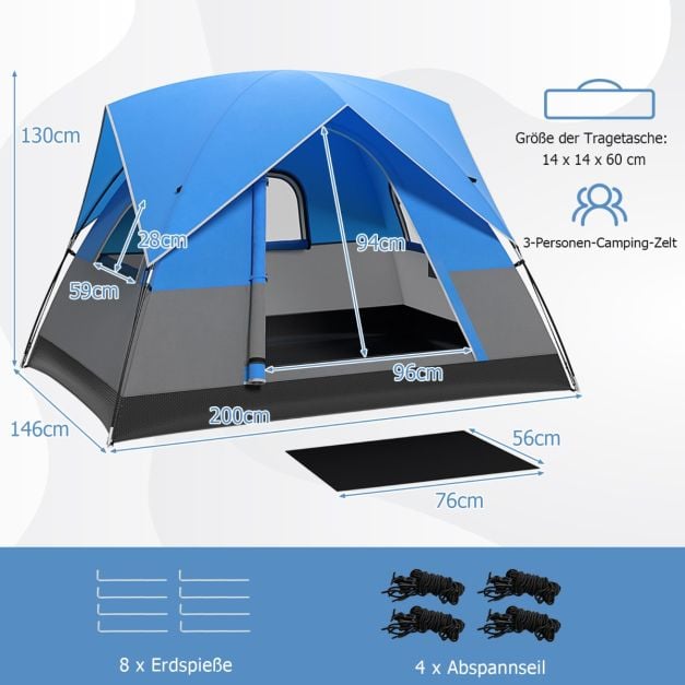 Coast 3-Persoons Campingtent – Waterdicht met Regenhoes en Draagtas 200 x 146 x 130 cm – Blauw/Zwart