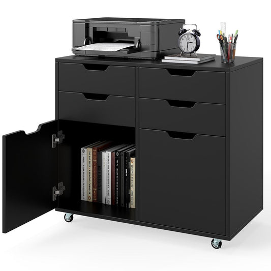 Coast Rollcontainer met 4 Lades & 2 Deuren - Archiefkast met Wielen - Printerstandaard - Zwart - 73x40x64,5 cm