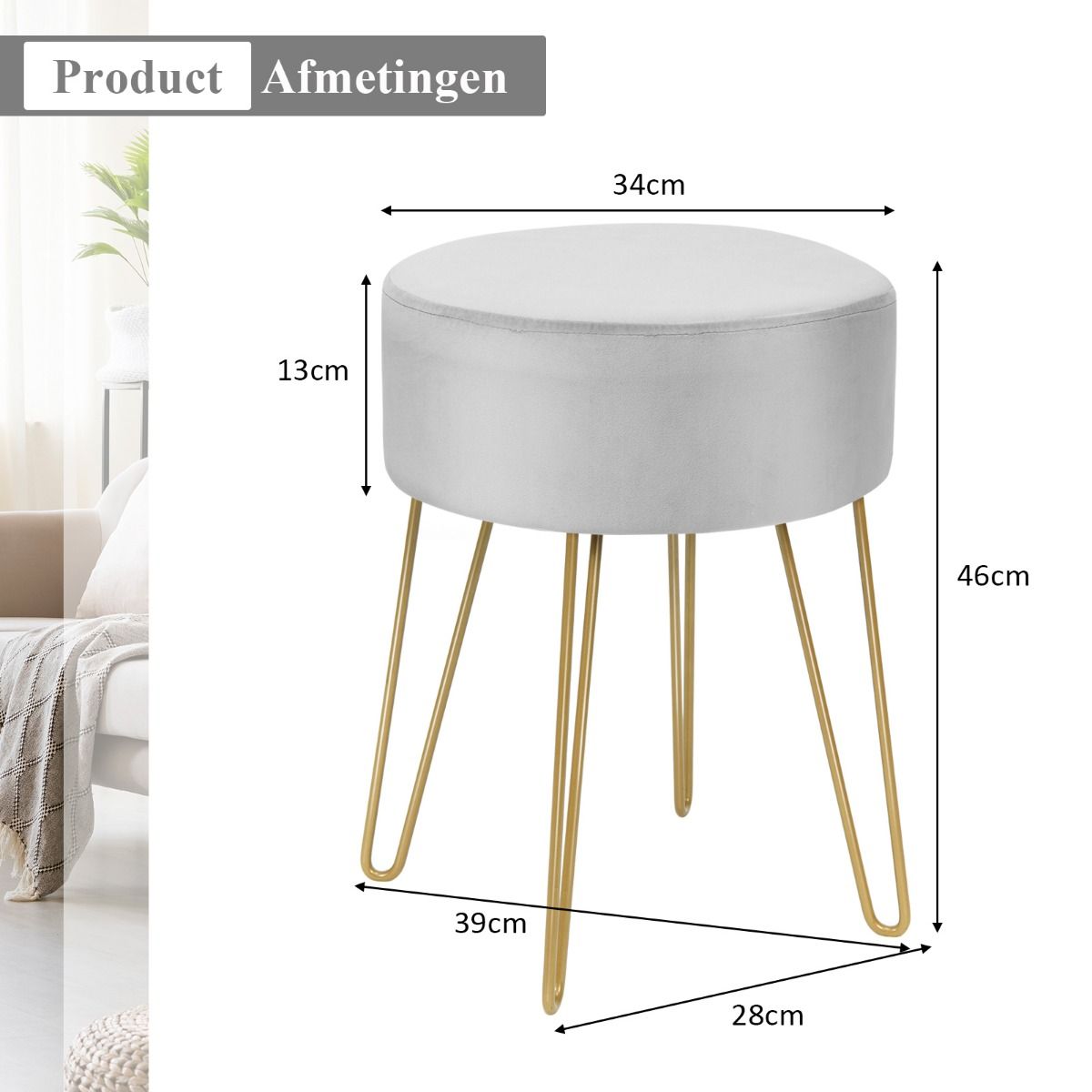 Coast Kruk Fluweel - Max. 100 kg - 39 x 39 x 46 cm - Grijs
