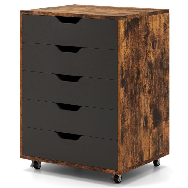 Coast Rolkast Rustiek Bruin/Zwart – Verrijdbare Archiefkast met 5 Lades – 49 x 40 x 65 cm