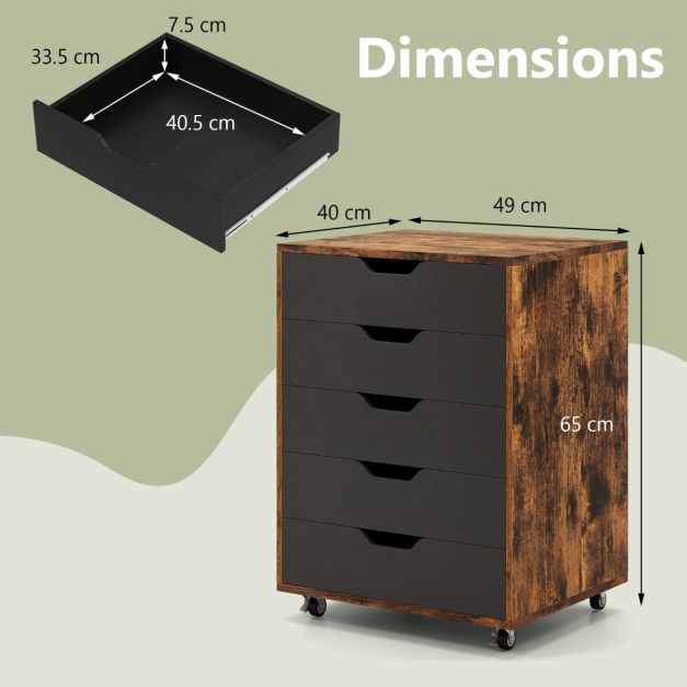 Coast Rolkast Rustiek Bruin/Zwart – Verrijdbare Archiefkast met 5 Lades – 49 x 40 x 65 cm