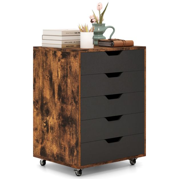 Coast Rolkast Rustiek Bruin/Zwart – Verrijdbare Archiefkast met 5 Lades – 49 x 40 x 65 cm