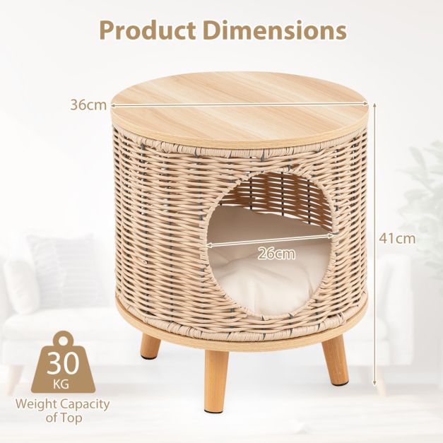 Coast Kattenhuis - Rattan - 36 x 41 cm - Afneembaar Kussen - Houten Poten - Kattenbed - Binnen Kattenmeubel - Natuur