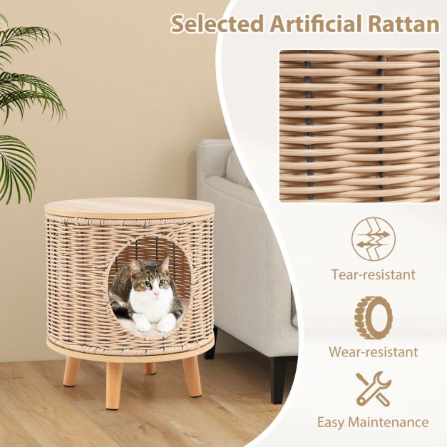 Coast Kattenhuis - Rattan - 36 x 41 cm - Afneembaar Kussen - Houten Poten - Kattenbed - Binnen Kattenmeubel - Natuur