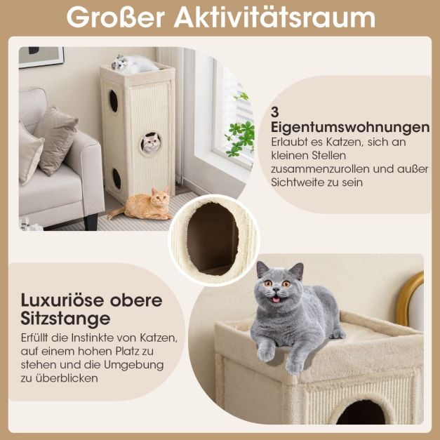 Coast Krabton 4-Laags – Kattenhuis met 3 Kattenholen en Kussens 40 x 40 x 99 cm – Naturel