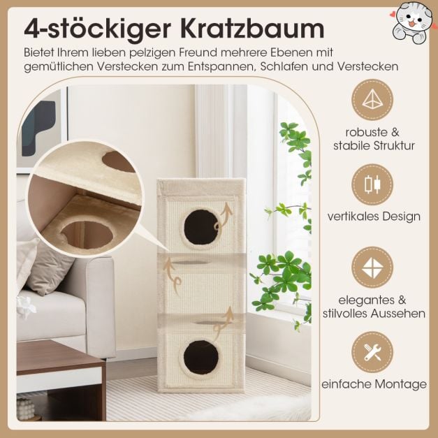 Coast Krabton 4-Laags – Kattenhuis met 3 Kattenholen en Kussens 40 x 40 x 99 cm – Naturel