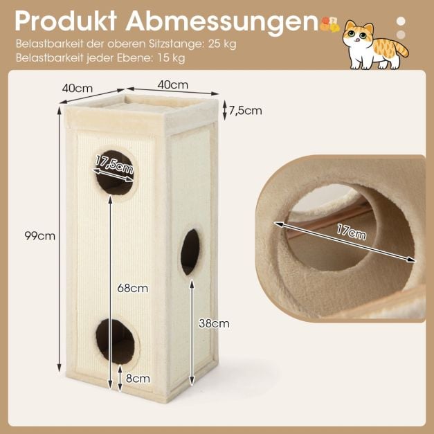 Coast Krabton 4-Laags – Kattenhuis met 3 Kattenholen en Kussens 40 x 40 x 99 cm – Naturel