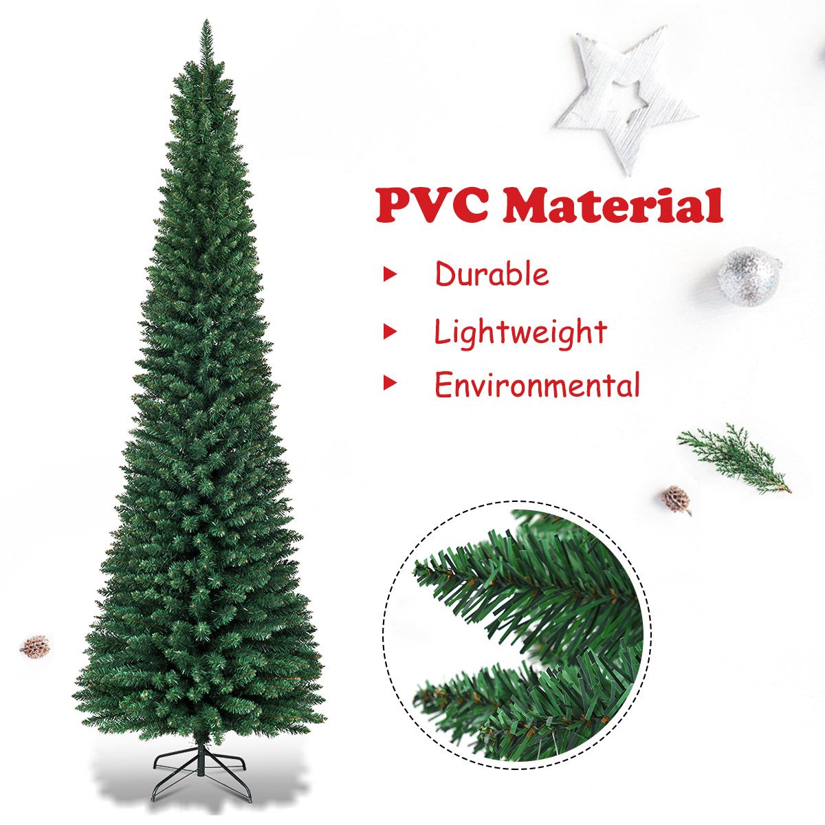 Coast Potlood Kerstboom 270 cm Groen - Slanke Kunstkerstboom met Metalen Standaard - 1500 Takken