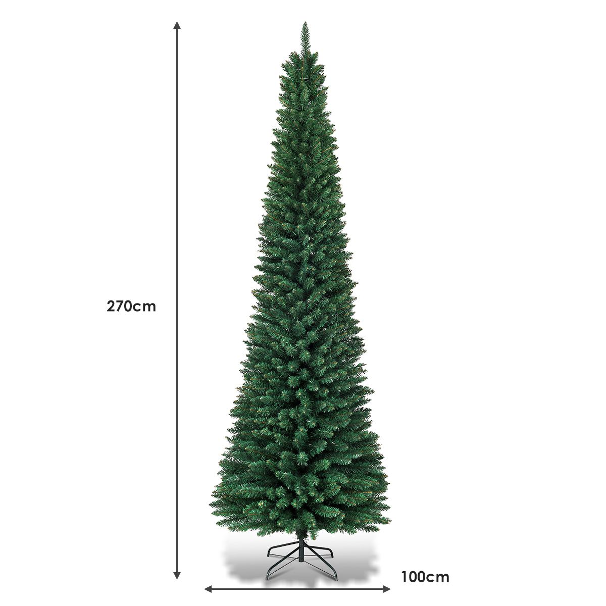 Coast Potlood Kerstboom 270 cm Groen - Slanke Kunstkerstboom met Metalen Standaard - 1500 Takken