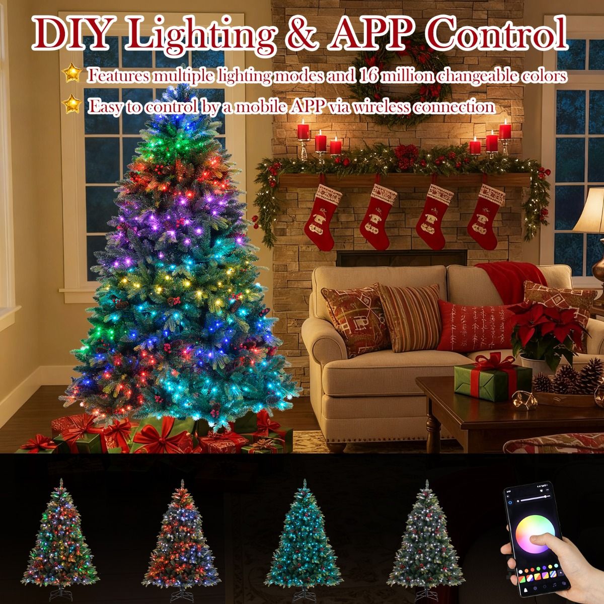 Coast Kunstmatige Kerstboom 180 cm Groen – 118 cm Diameter – 370 RGB APP-gestuurde LED-lampjes – Met Dennenkegels en Rode Bessen