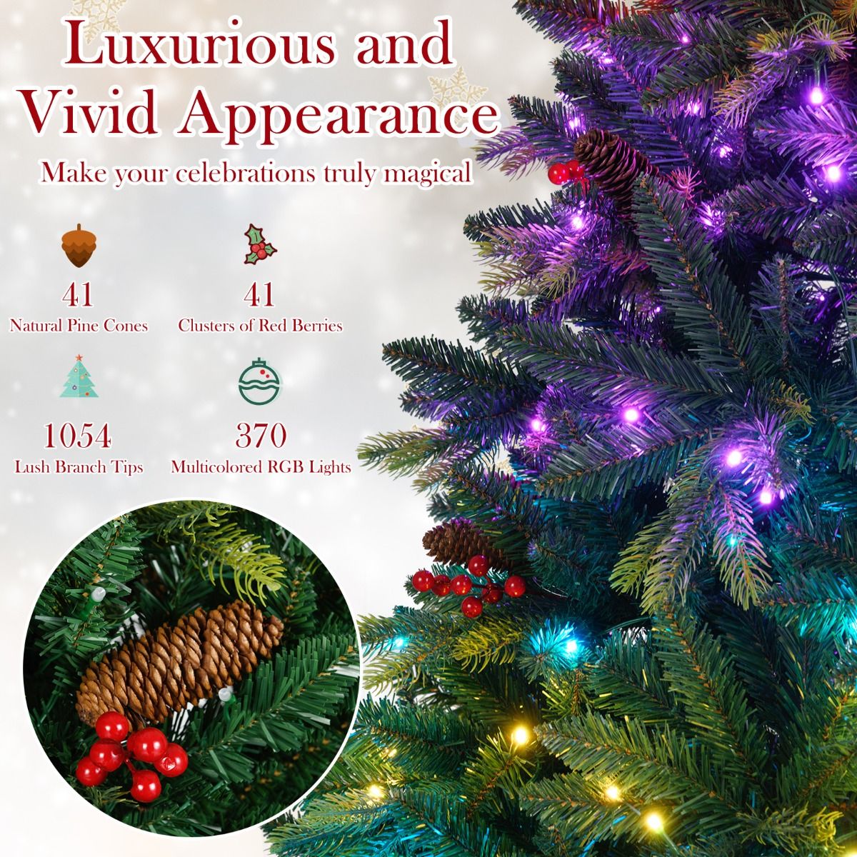 Coast Kunstmatige Kerstboom 180 cm Groen – 118 cm Diameter – 370 RGB APP-gestuurde LED-lampjes – Met Dennenkegels en Rode Bessen