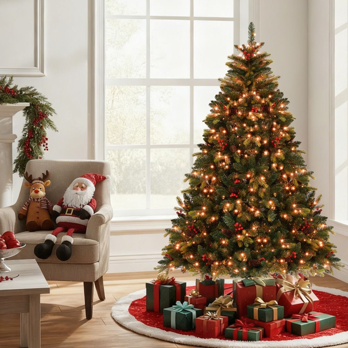 Coast Kunstmatige Kerstboom 180 cm Groen – 118 cm Diameter – 370 RGB APP-gestuurde LED-lampjes – Met Dennenkegels en Rode Bessen
