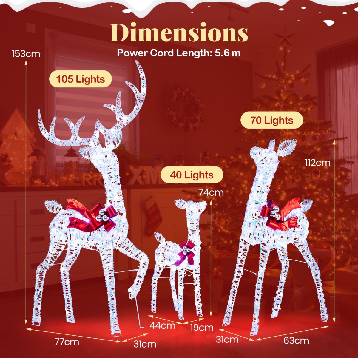 Coast 3-delige LED Rendierfamilie Kerstdecoratie – 215 LED’s cool white – iriserend – rood accent – hert 153 cm / hind 112 cm / kalf 74 cm