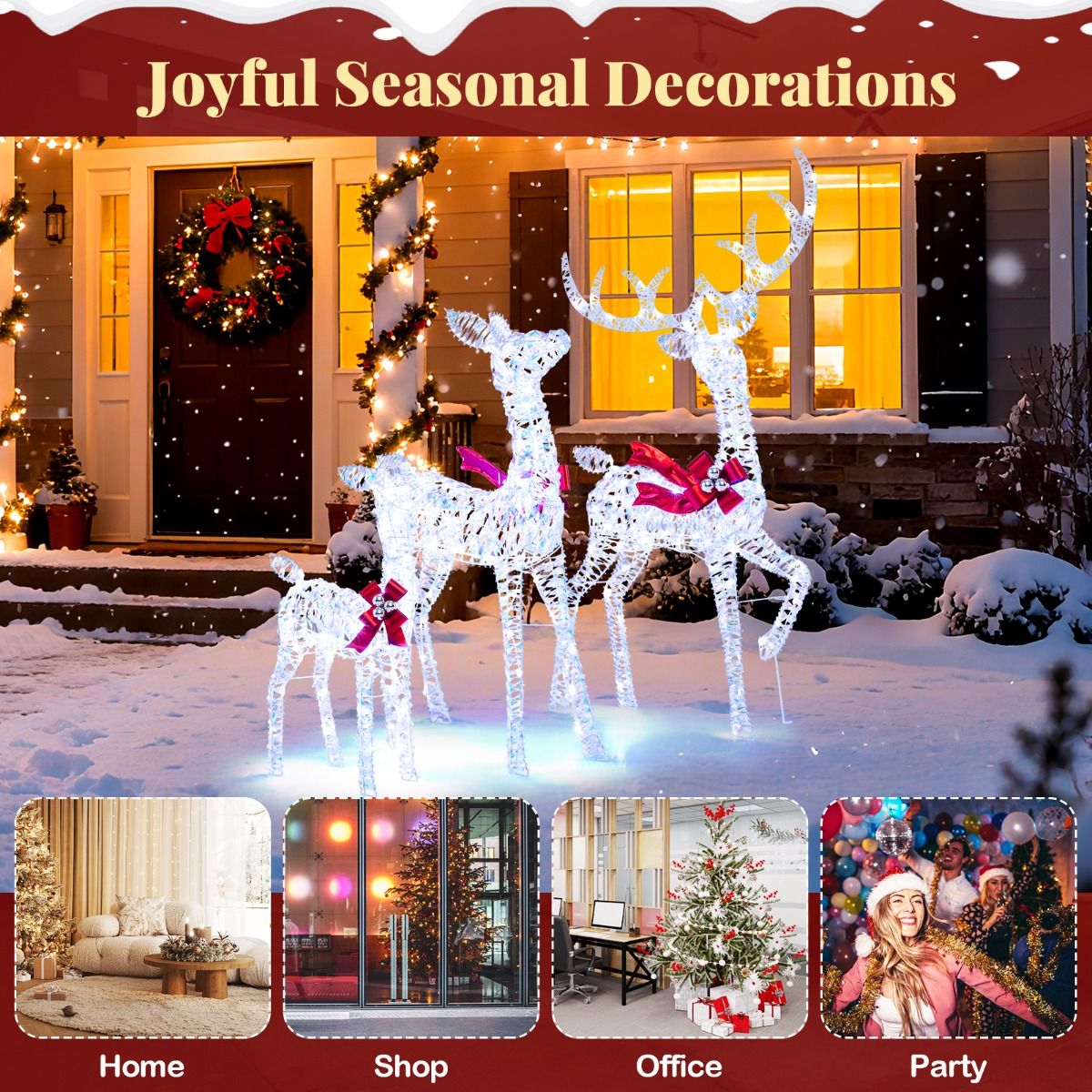 Coast 3-delige LED Rendierfamilie Kerstdecoratie – 215 LED’s cool white – iriserend – rood accent – hert 153 cm / hind 112 cm / kalf 74 cm