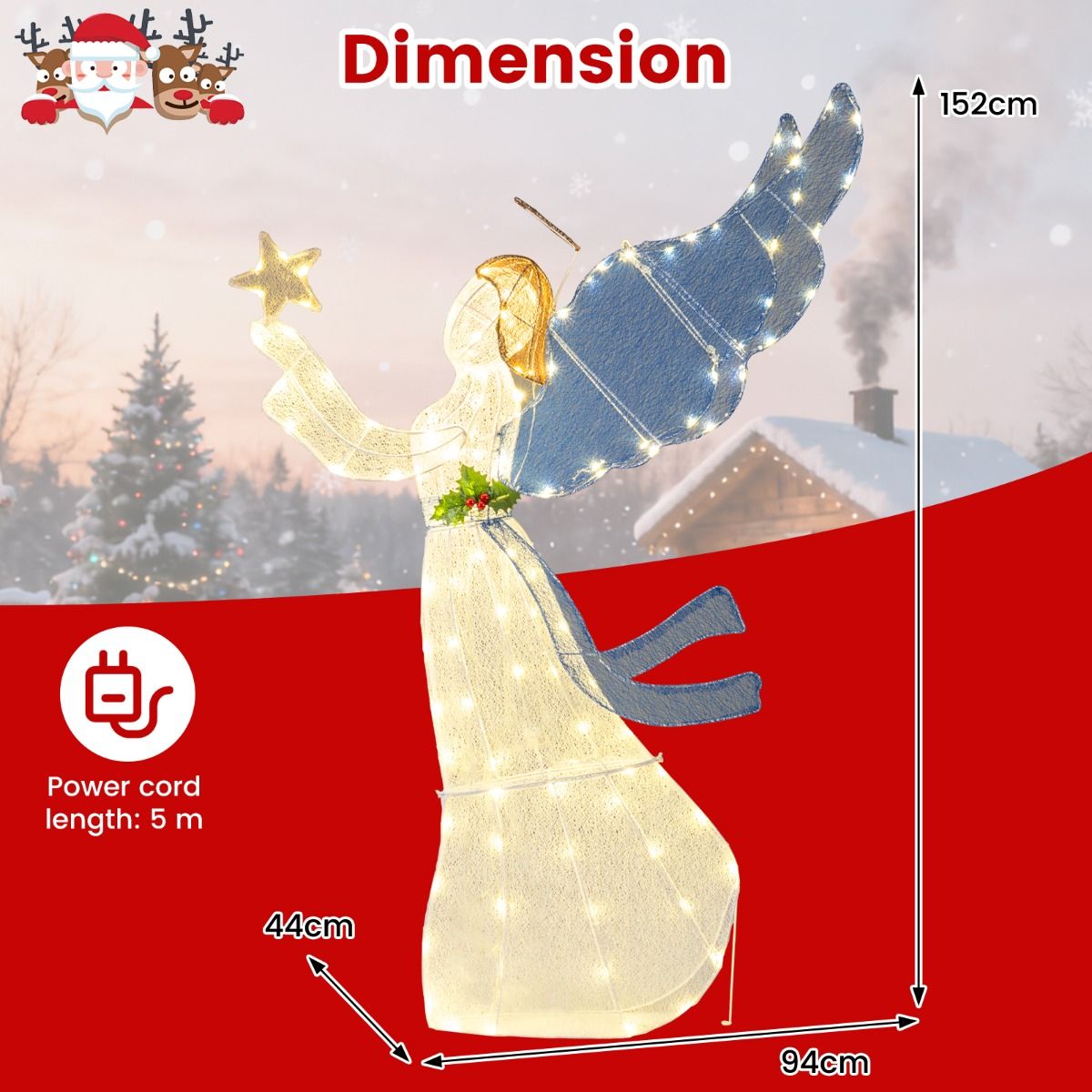 Coast 152 cm Verlichte Kerstengel – 3D Engel met Ster, Vleugels & Warmwitte LED-Lichtjes – Voor Binnen & Buiten