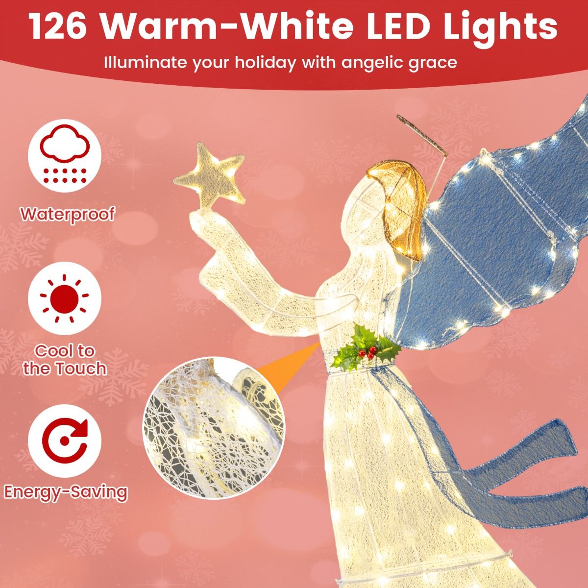 Coast 152 cm Verlichte Kerstengel – 3D Engel met Ster, Vleugels & Warmwitte LED-Lichtjes – Voor Binnen & Buiten
