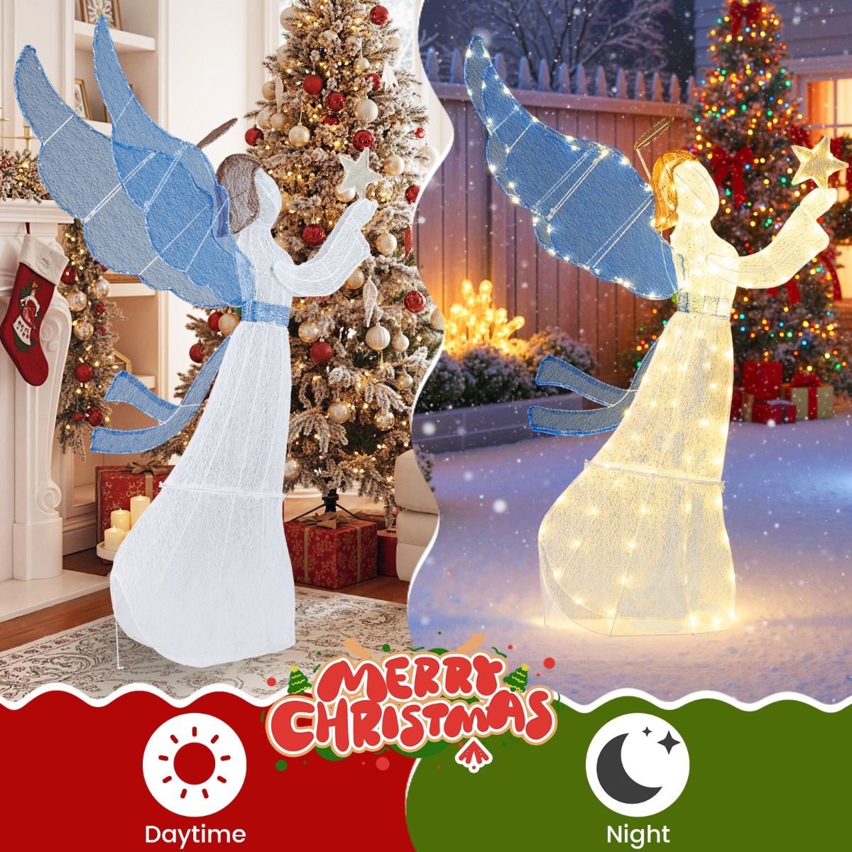 Coast 152 cm Verlichte Kerstengel – 3D Engel met Ster, Vleugels & Warmwitte LED-Lichtjes – Voor Binnen & Buiten