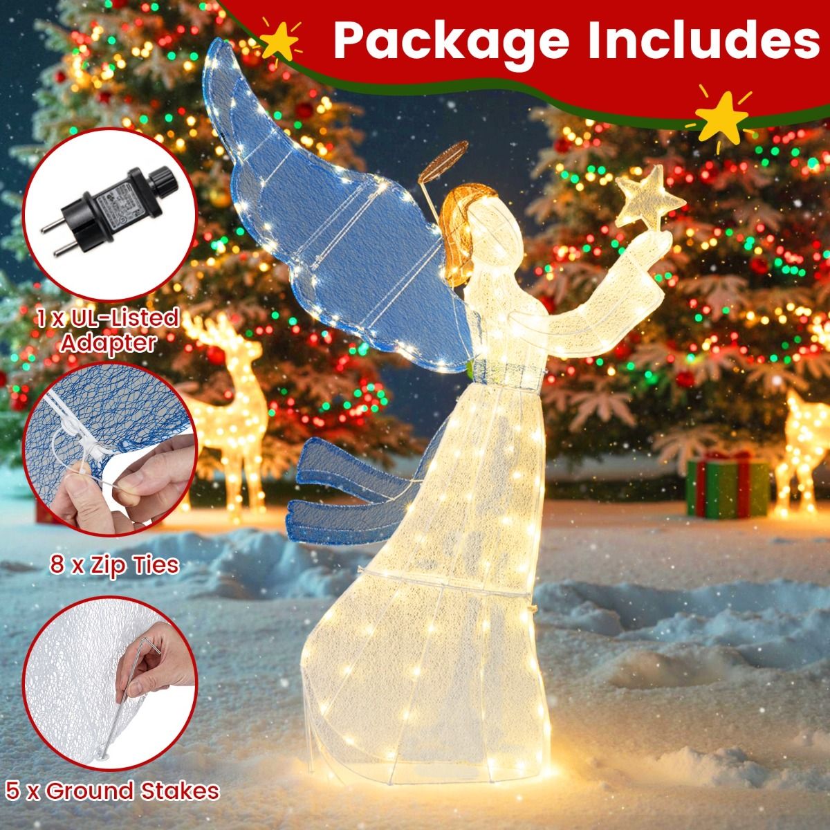 Coast 152 cm Verlichte Kerstengel – 3D Engel met Ster, Vleugels & Warmwitte LED-Lichtjes – Voor Binnen & Buiten