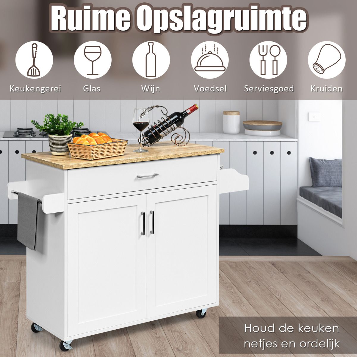 Coast Keukentrolley - Serveerwagen - 116 x 40 x 85 cm - Wit