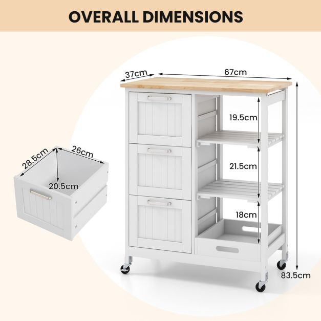 Coast Serveerwagen met Wielen - 3 Laden - Rubberhouten Blad - 67 x 37 x 83,5 cm - Wit