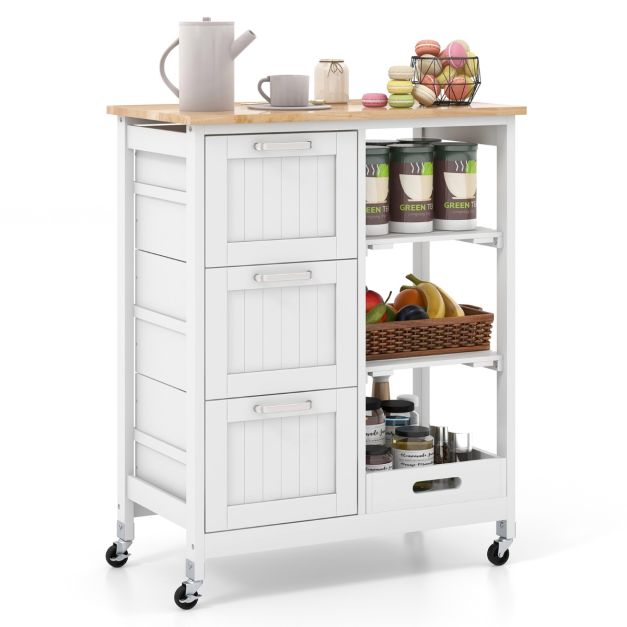 Coast Serveerwagen met Wielen - 3 Laden - Rubberhouten Blad - 67 x 37 x 83,5 cm - Wit