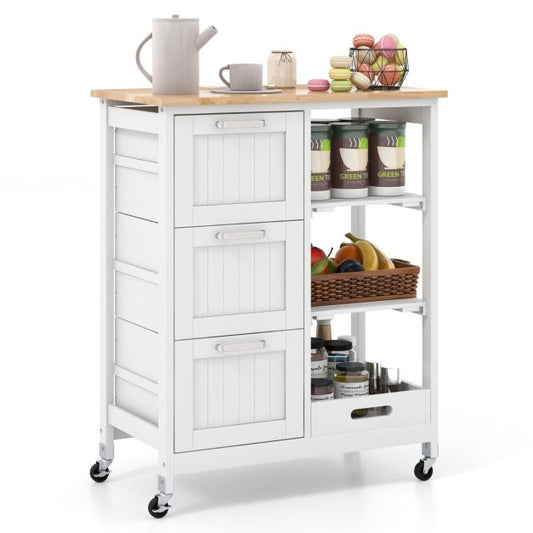 Coast Serveerwagen met Wielen - 3 Laden - Rubberhouten Blad - 67 x 37 x 83,5 cm - Wit