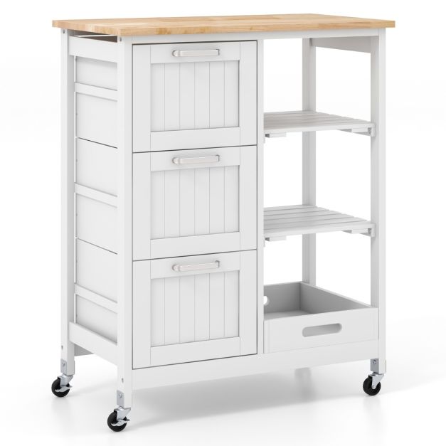 Coast Serveerwagen met Wielen - 3 Laden - Rubberhouten Blad - 67 x 37 x 83,5 cm - Wit