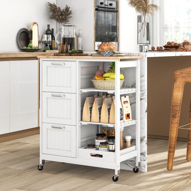 Coast Serveerwagen met Wielen - 3 Laden - Rubberhouten Blad - 67 x 37 x 83,5 cm - Wit