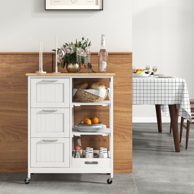 Coast Serveerwagen met Wielen - 3 Laden - Rubberhouten Blad - 67 x 37 x 83,5 cm - Wit