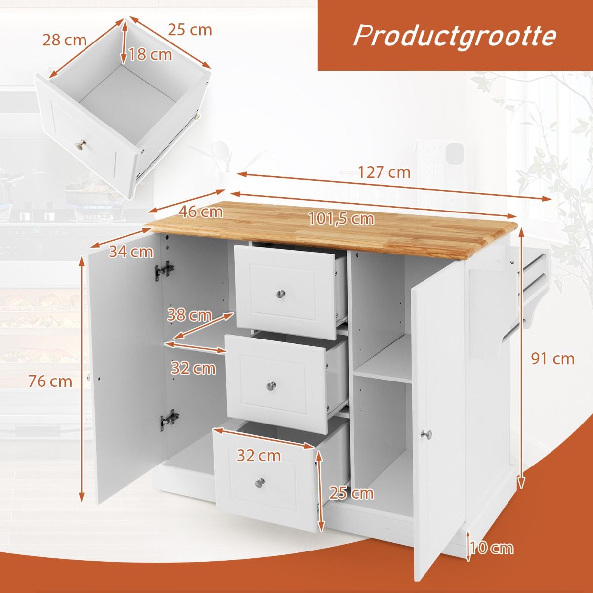 Coast Keukenkast Hout met Werkblad en Handdoekhouder 3 Laden - Wit - 127x46x91,5 cm