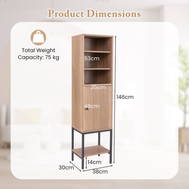 Smalle Woonkast – 146 cm Hoog – Vrijstaande Opbergkast met Verstelbare Planken en Onderkast – Compact en Stijlvol voor Badkamer, Woonkamer of Hal