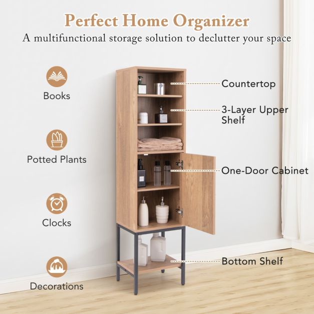 Smalle Woonkast – 146 cm Hoog – Vrijstaande Opbergkast met Verstelbare Planken en Onderkast – Compact en Stijlvol voor Badkamer, Woonkamer of Hal