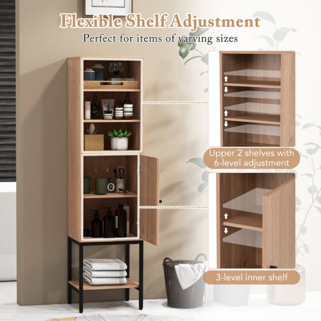 Smalle Woonkast – 146 cm Hoog – Vrijstaande Opbergkast met Verstelbare Planken en Onderkast – Compact en Stijlvol voor Badkamer, Woonkamer of Hal