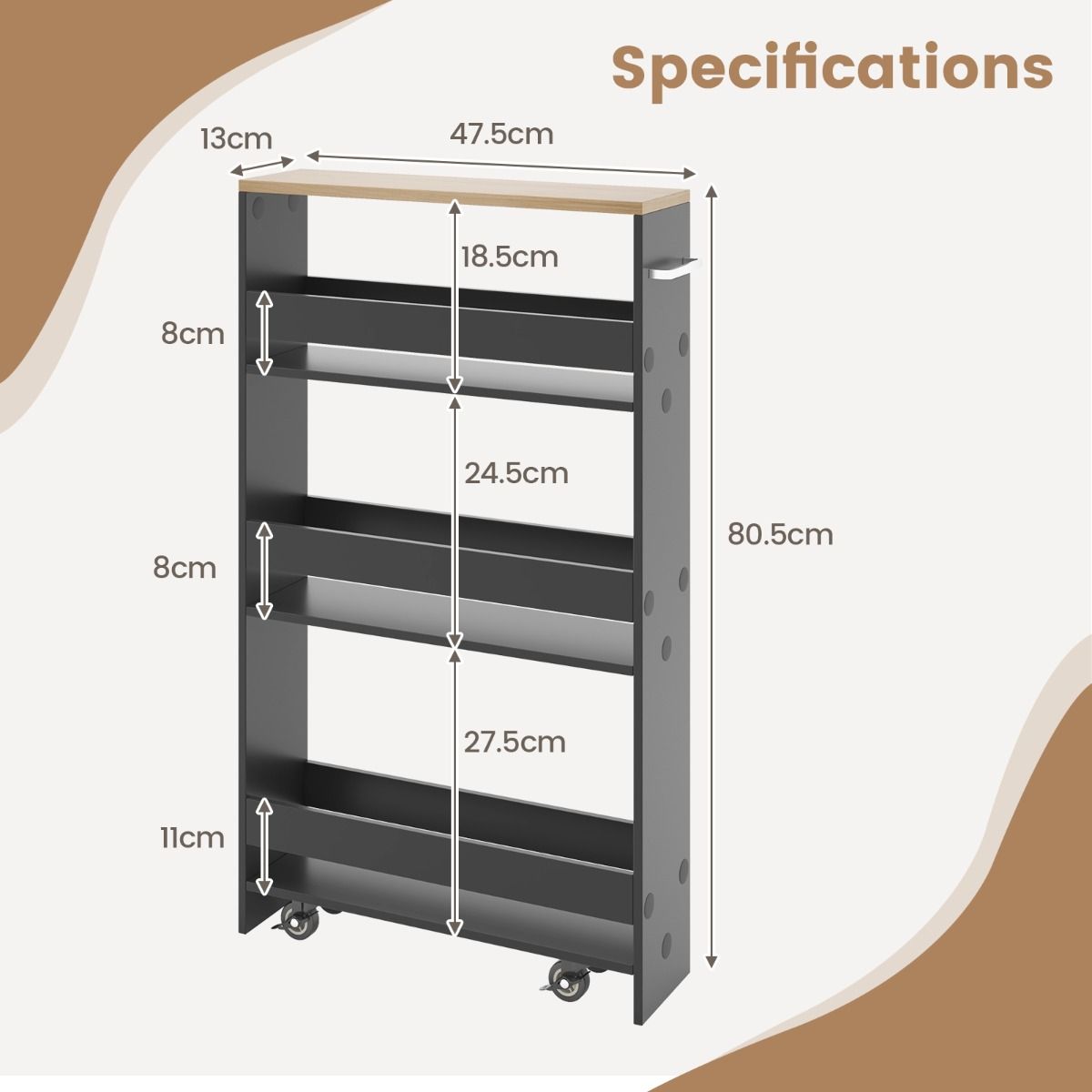 Coast Keukenwagen Op Wielen - 4-Laags - 47.5 x 13 x 80.5 cm - Grijs